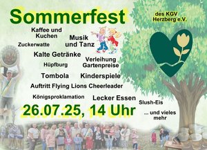 Auf dem Bild steht: Sommerfest, 26.07.2025, 14 Uhr. An der rechten Bildseite ist ein Baum zu sehen, im Hintergrund sind Menschen.